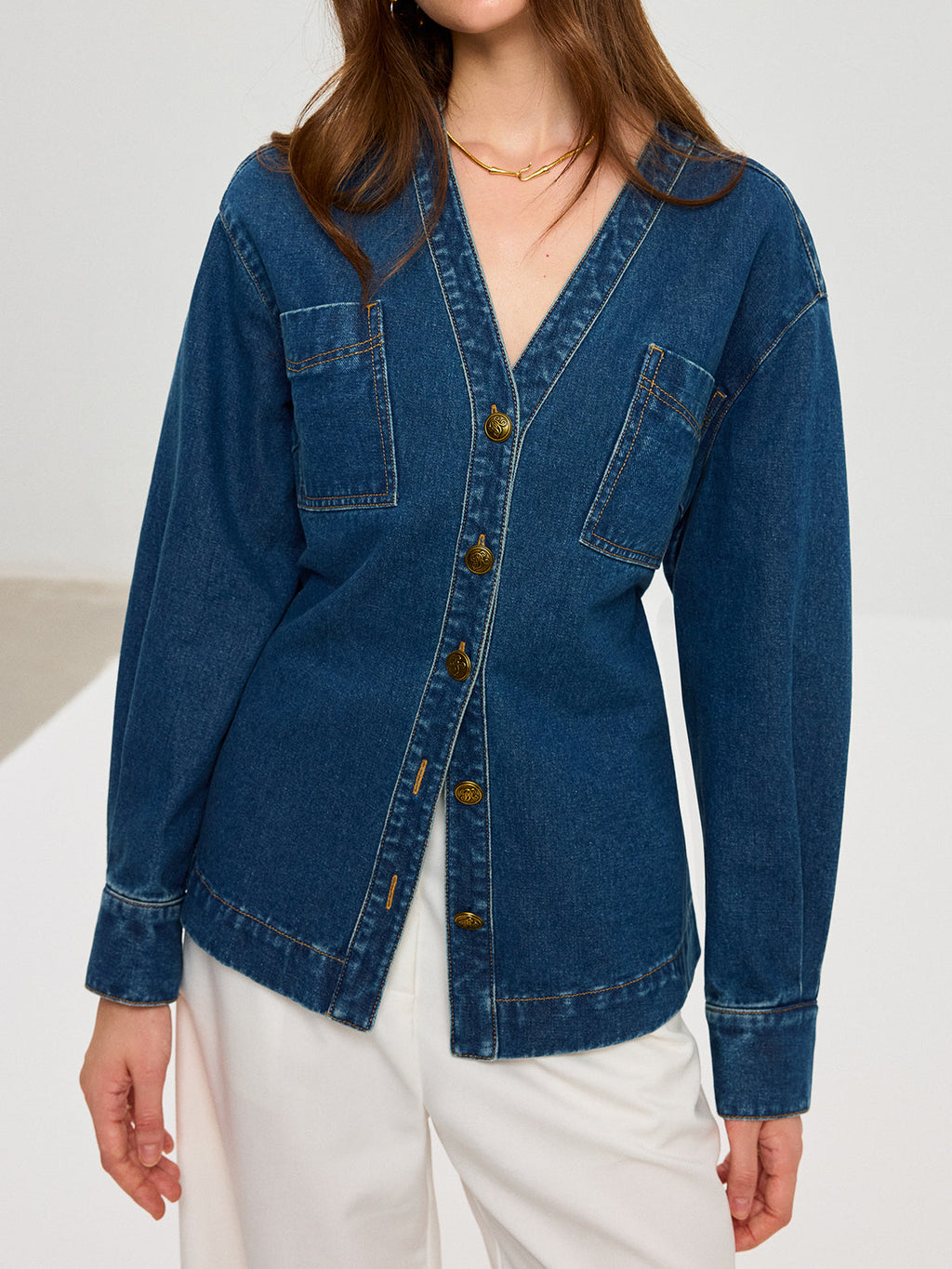 Denim V-Neck Jacket with Button Front Closure