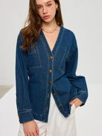 Denim V-Neck Jacket with Button Front Closure