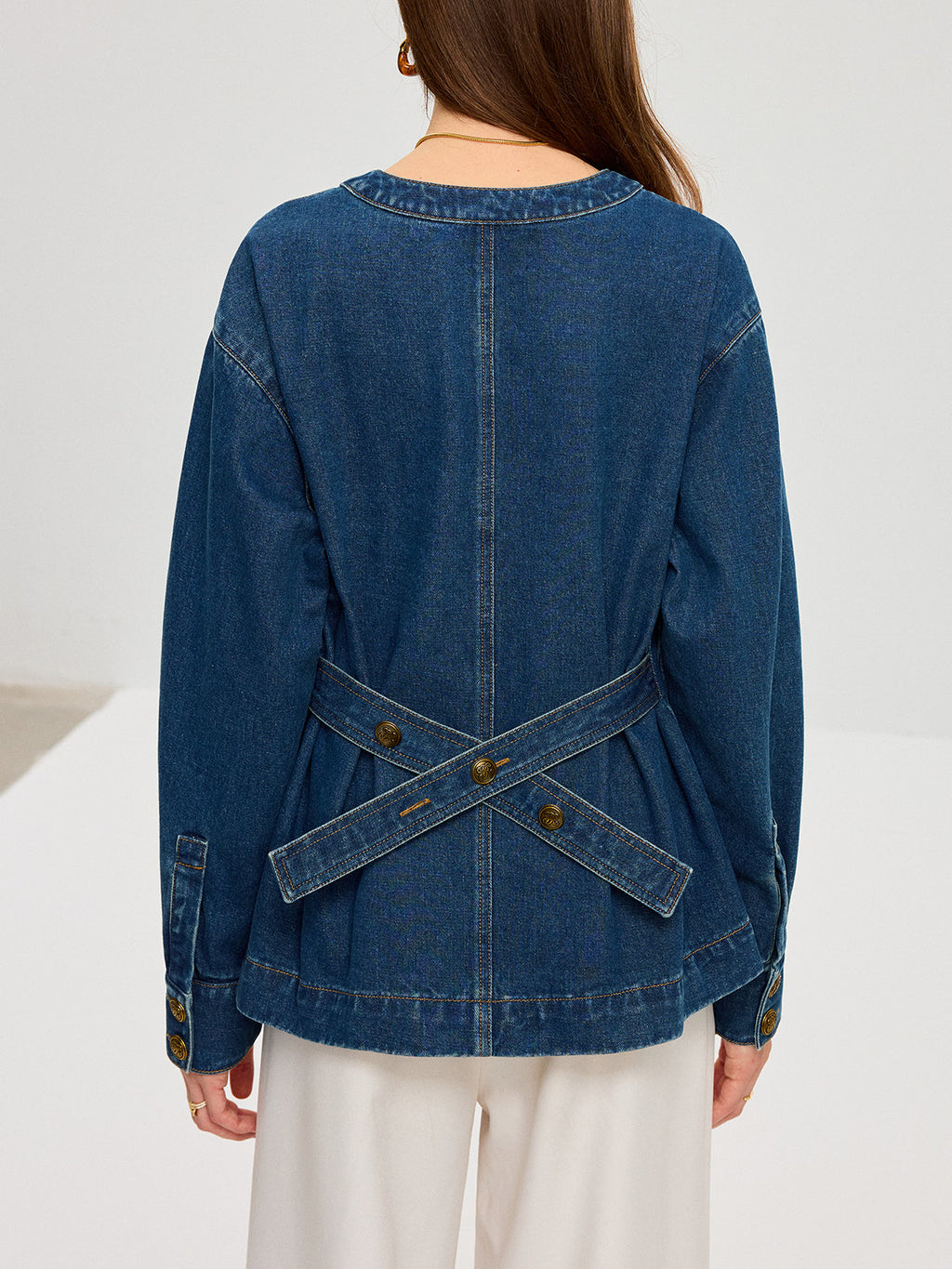 Denim V-Neck Jacket with Button Front Closure
