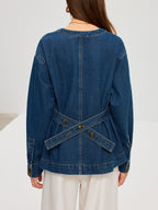 Denim V-Neck Jacket with Button Front Closure