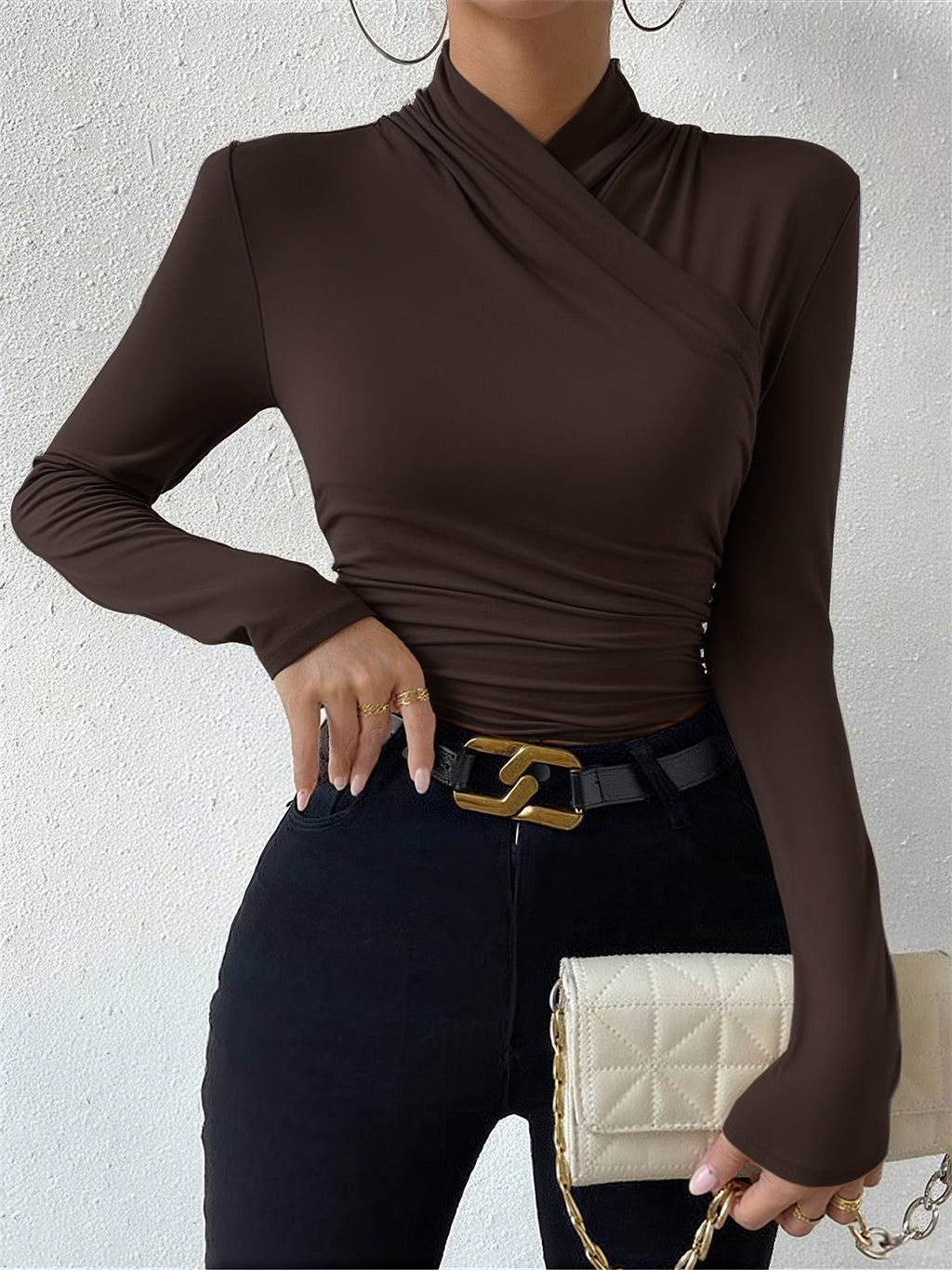 Pleated Cinched T-Shirt with Cross-Over Collar Design