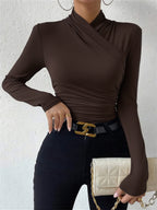 Pleated Cinched T-Shirt with Cross-Over Collar Design