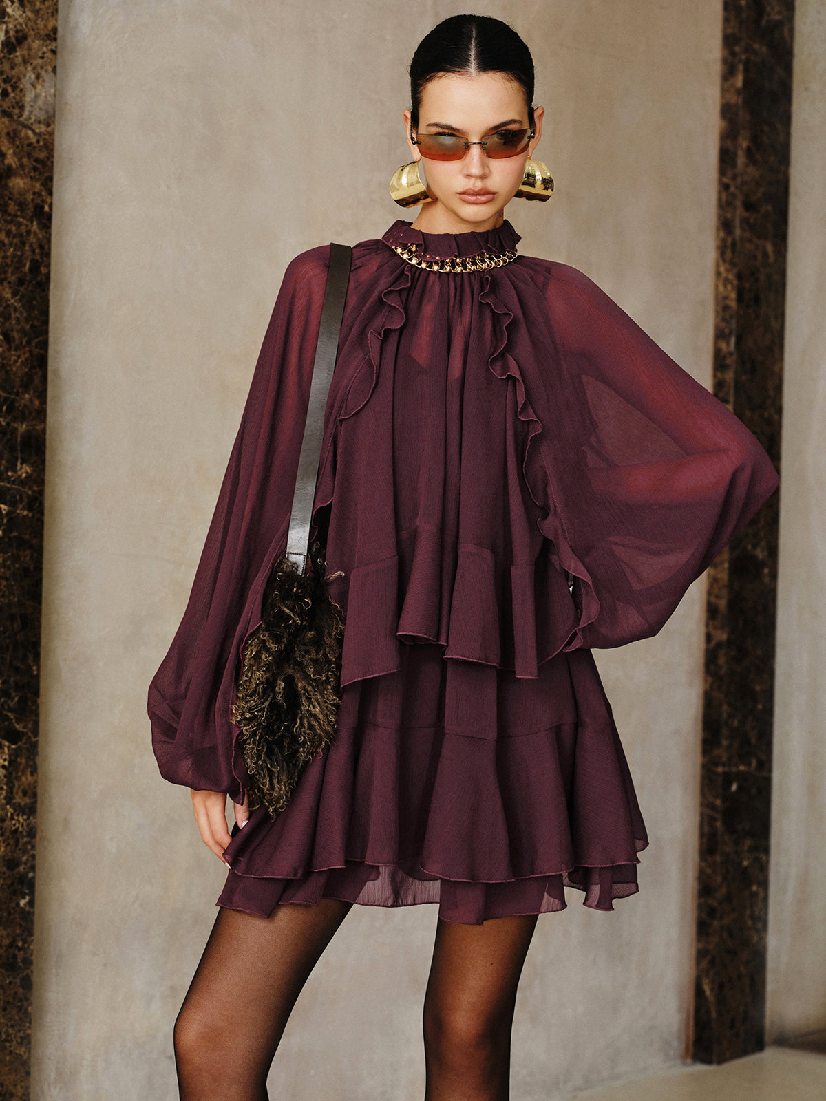 Tiered Ruffle Chiffon Mini Dress with Matching Liner