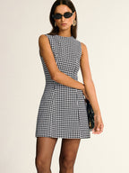 Houndstooth Pattern Sleeveless A-Line Mini Dress