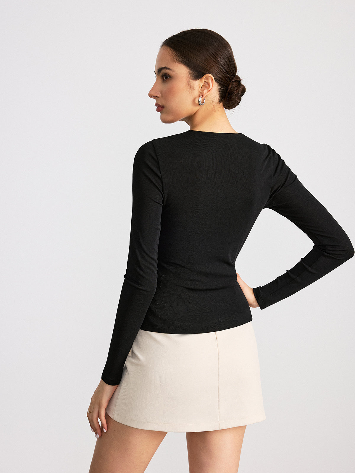 Mandarin Collar T-Shirt with Keyhole Button Detail