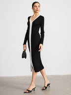 V-Neck Knit Dress with Contrast Trim and Slit