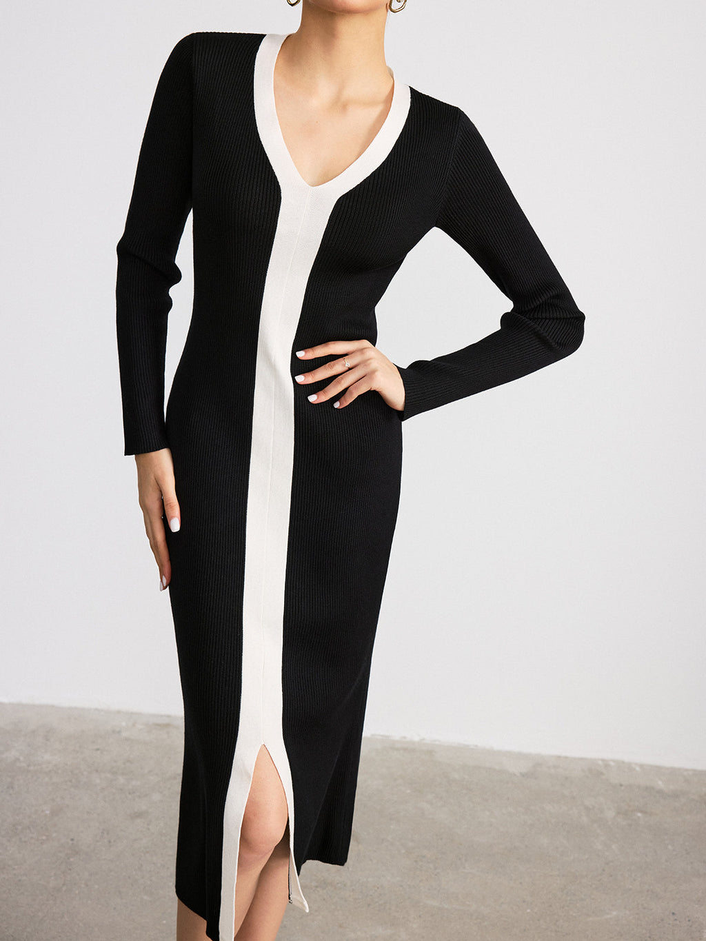 V-Neck Knit Dress with Contrast Trim and Slit