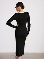 V-Neck Knit Dress with Contrast Trim and Slit