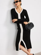 V-Neck Knit Dress with Contrasting Trim and Slit