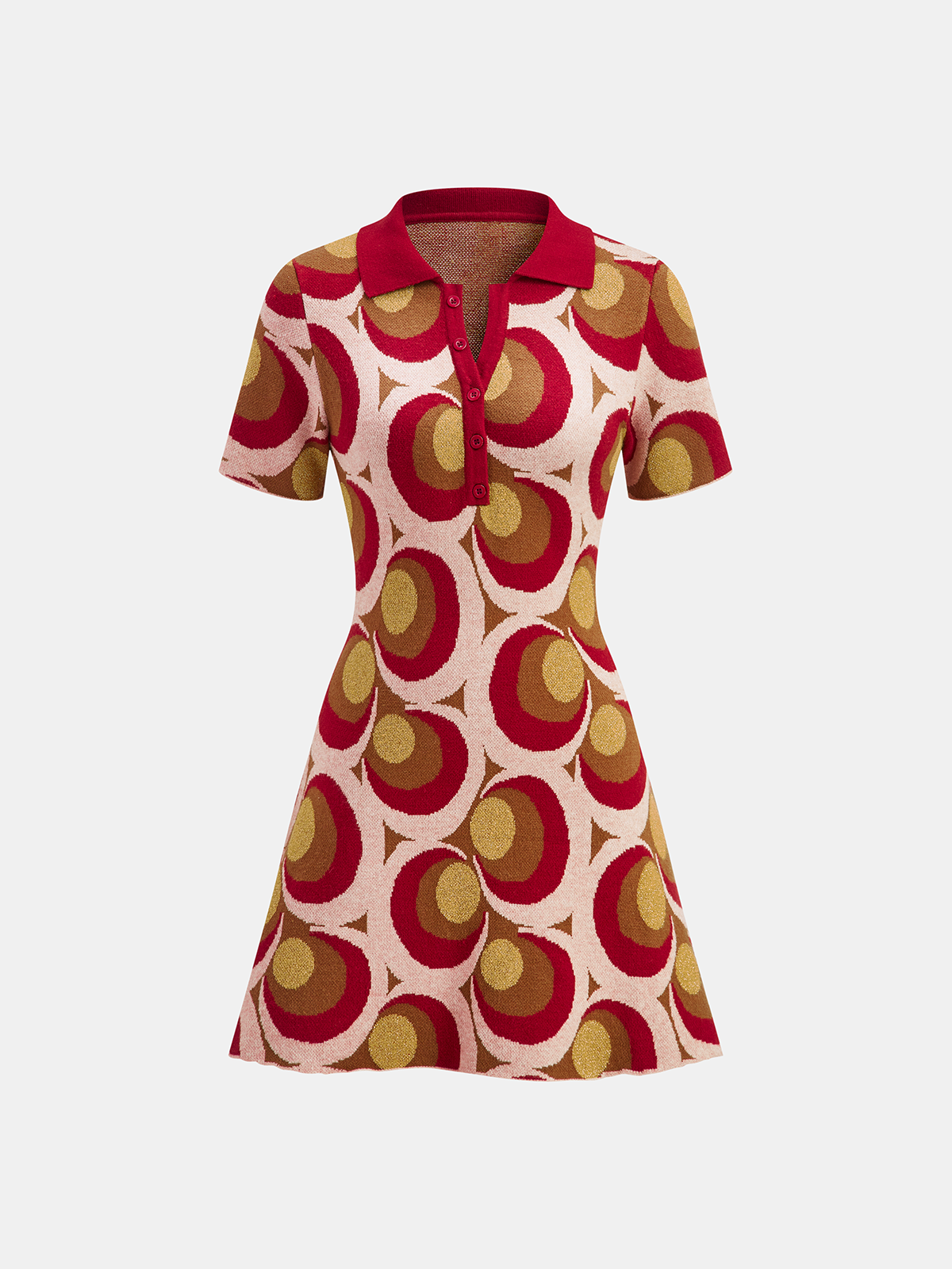 Classic Polo Collar Sweater Dress with Vintage Print