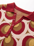 Classic Polo Collar Sweater Dress with Vintage Print