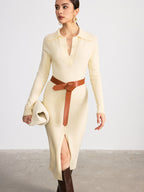 Collared Knit Midi Dress with Split Hem and Belt