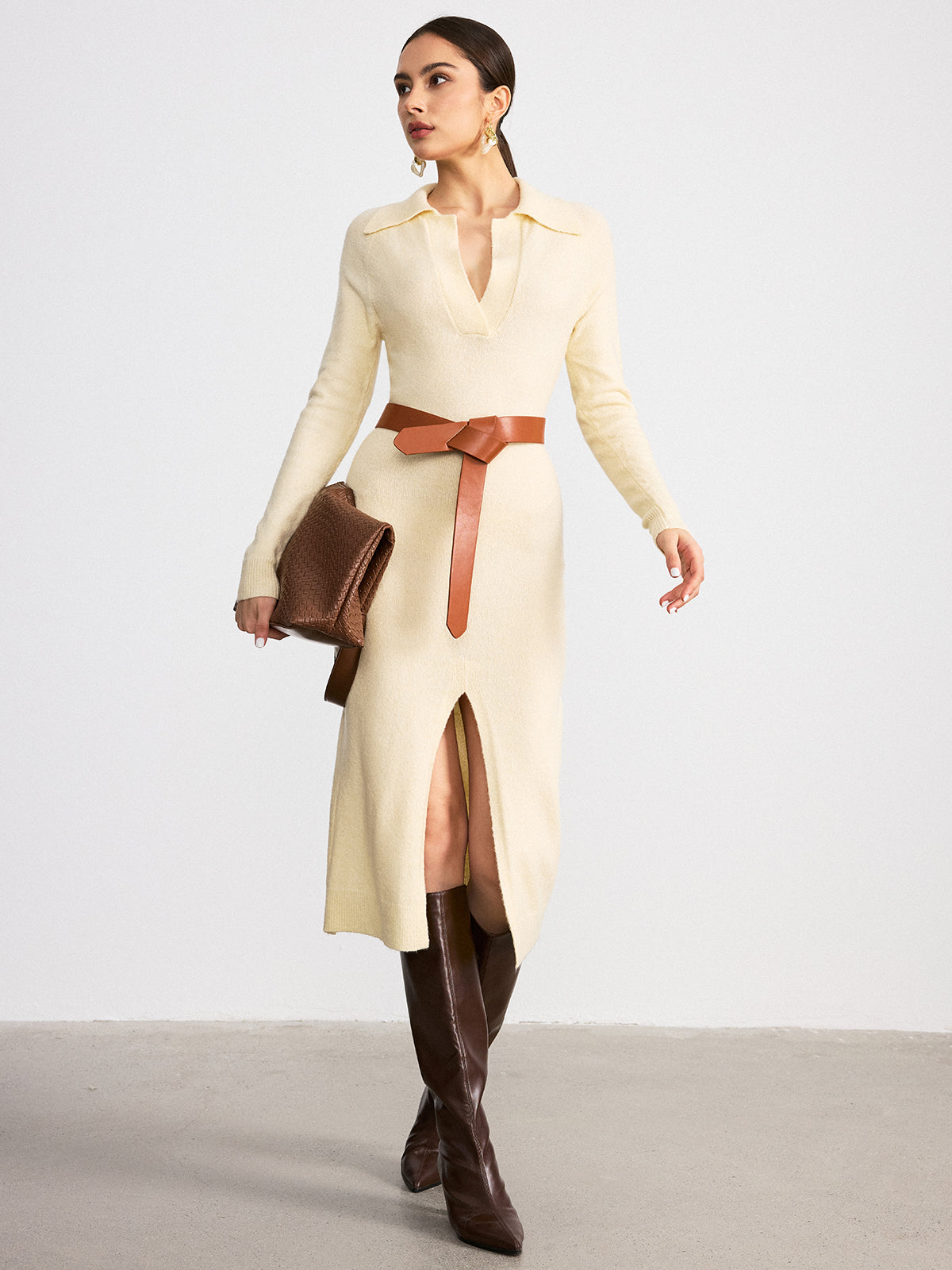 Collared Knit Midi Dress with Split Hem and Belt