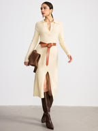 Belted Knit Midi Dress with Collar and Split Hem