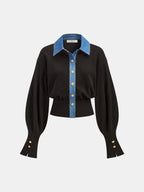 Button-Trimmed Denim Sweater With Stylish Accents