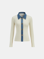 Wool Blend Cardigan with Denim Collar and Metal Buttons