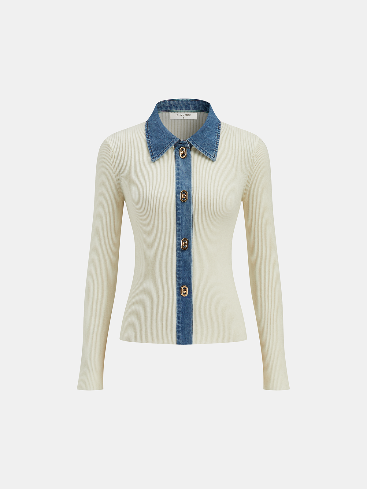 Wool Blend Cardigan with Denim Collar and Metal Buttons