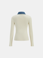Wool Blend Cardigan with Denim Collar and Metal Buttons