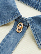 Wool Blend Cardigan with Denim Collar and Metal Buttons