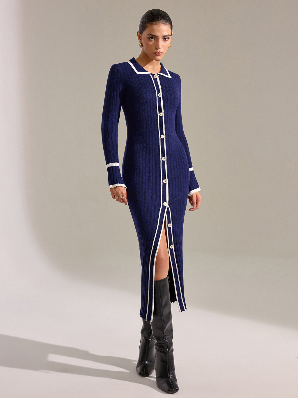 Contrast Trim Button-Up Slim Midi Dress