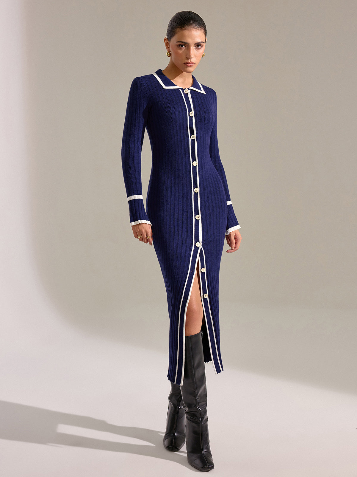 Contrast Trim Buttoned Slim Midi Dress