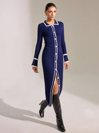 Contrast Trim Button-Up Slim Midi Dress