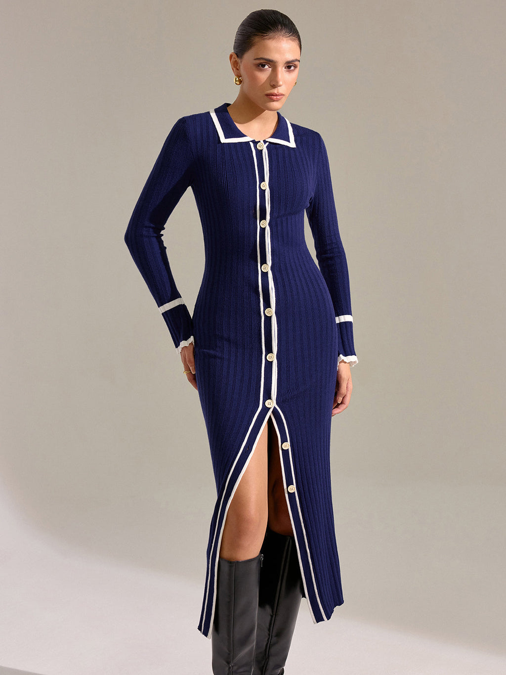 Contrast Trim Button-Up Slim Midi Dress