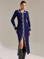 Contrast Trim Button-Up Slim Midi Dress