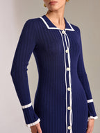 Contrast Trim Button-Up Slim Midi Dress