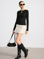 Mandarin Collar T-Shirt with Keyhole Button Detail