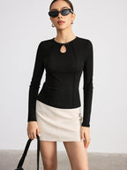 Mandarin Collar T-Shirt with Keyhole Button Detail