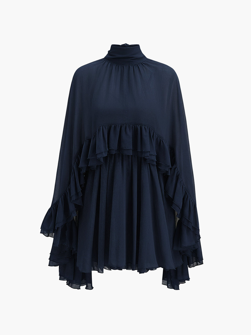 Semi-Sheer Chiffon Dress with Ruffle and Cape
