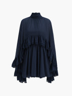 Chiffon Dress with Ruffle Detail and Cape Overlay