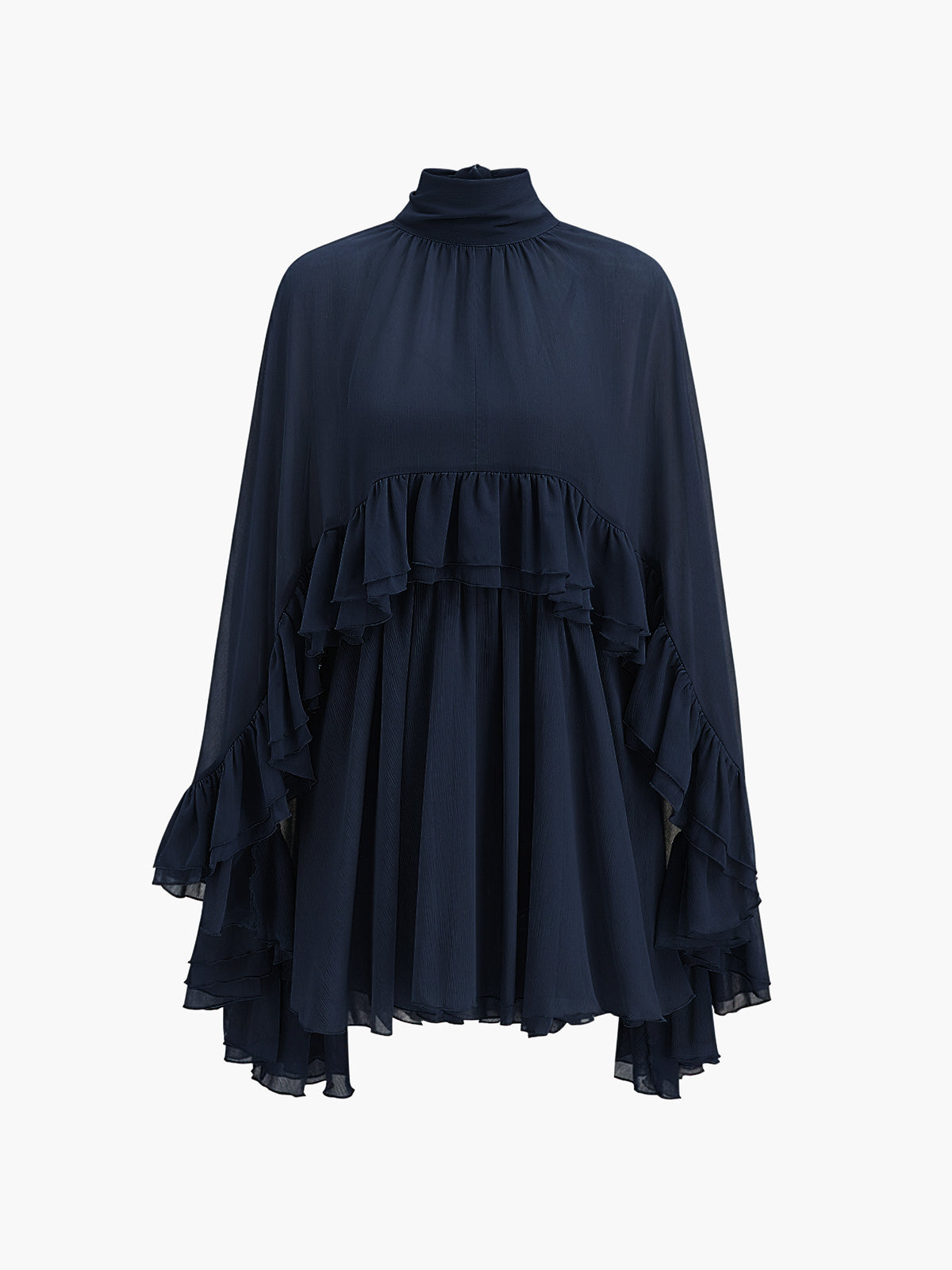 Chiffon Dress with Ruffle Detail and Cape Overlay