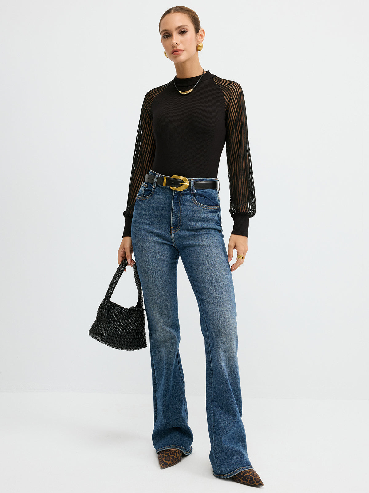 Mock Neck T-Shirt with Sheer Mesh Sleeves