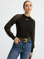 Mock Neck T-Shirt with Sheer Mesh Sleeves