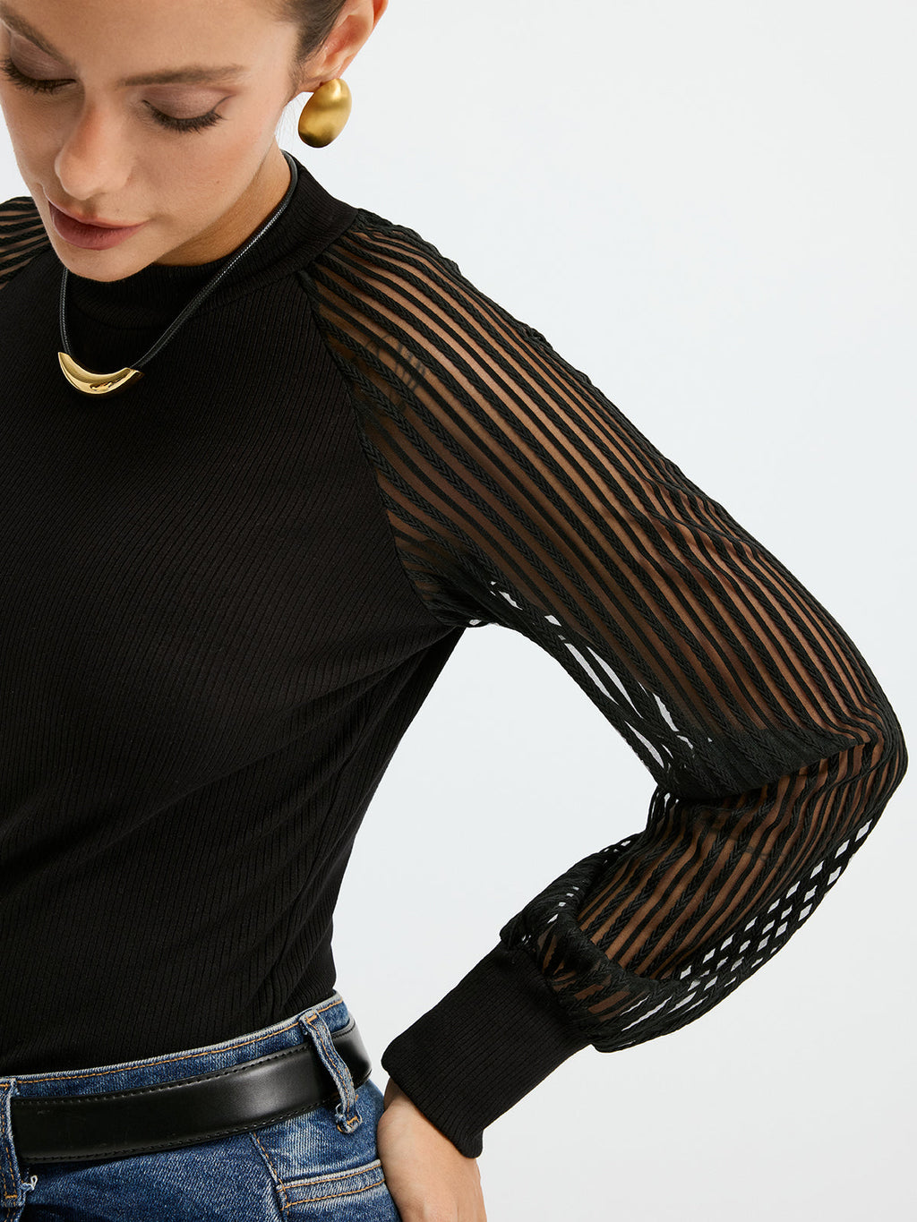 Mock Neck T-Shirt with Sheer Mesh Sleeves
