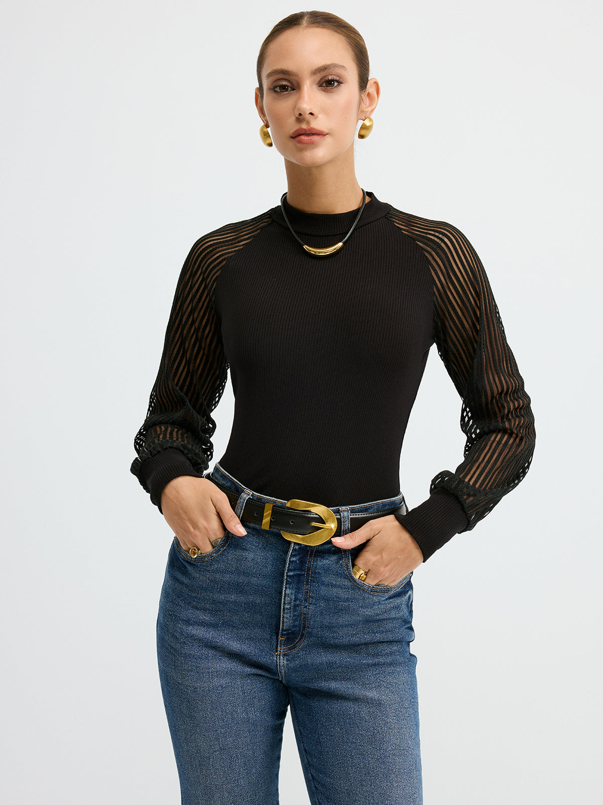 Mock Neck T-Shirt with Sheer Mesh Sleeves