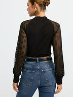 Mock Neck T-Shirt with Sheer Mesh Sleeves