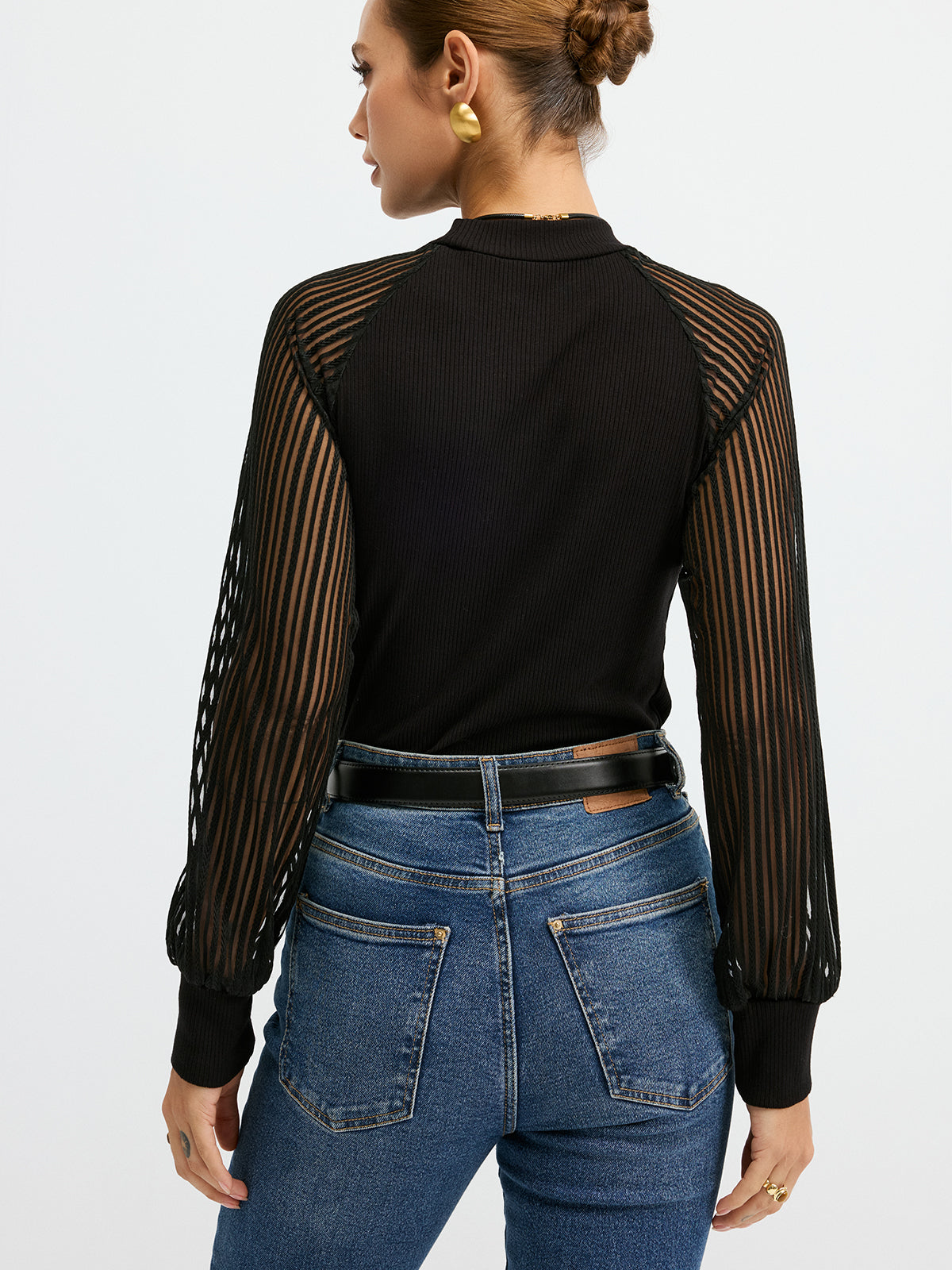 Mock Neck T-Shirt with Sheer Mesh Sleeves