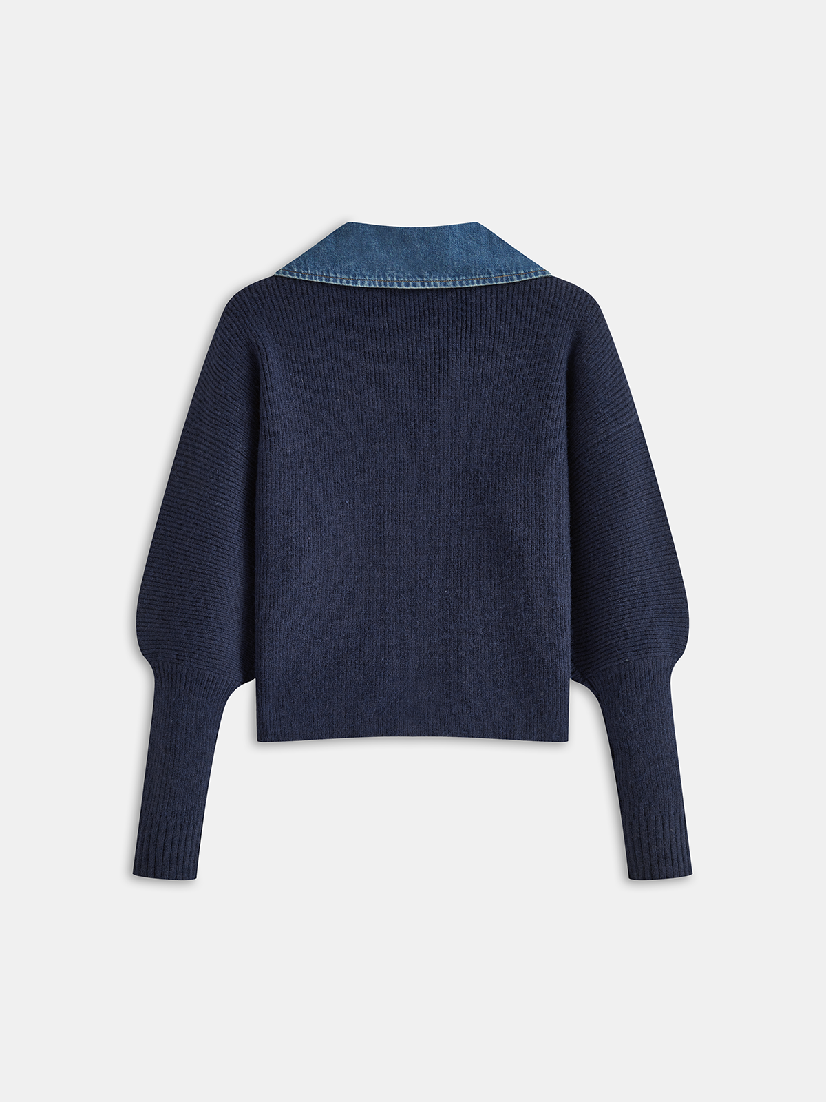 Denim Accent Knit Cardigan with Leg-of-Mutton Sleeves