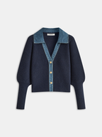 Denim Accent Knit Cardigan with Leg-of-Mutton Sleeves