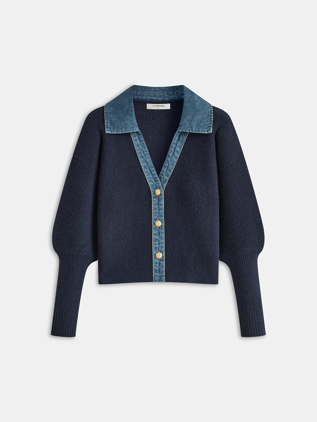 Denim Accent Knit Cardigan with Leg-of-Mutton Sleeves