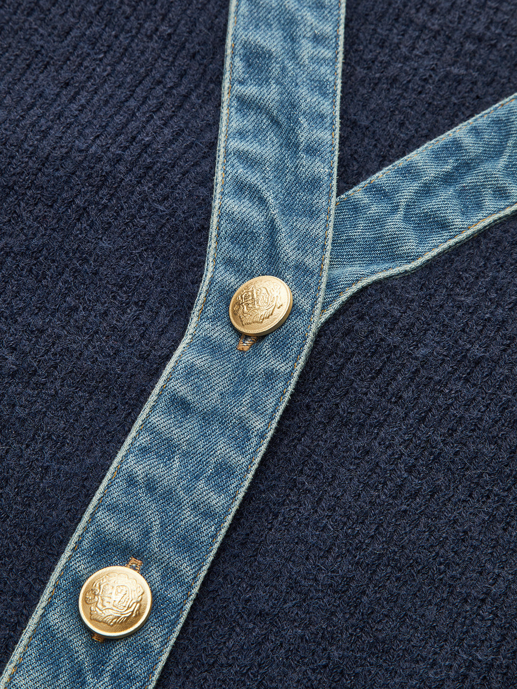 Denim Accent Knit Cardigan with Leg-of-Mutton Sleeves