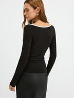 Asymmetric Collar Top with Contrast Trim and Buttons