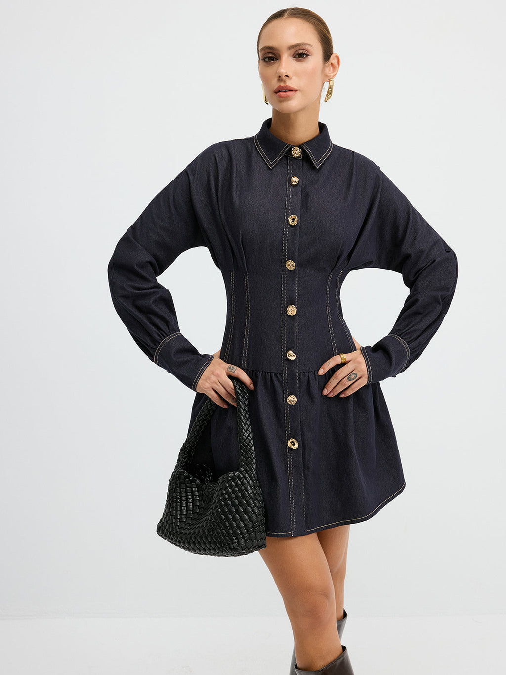 Denim Shirt Dress with Metal Button Details