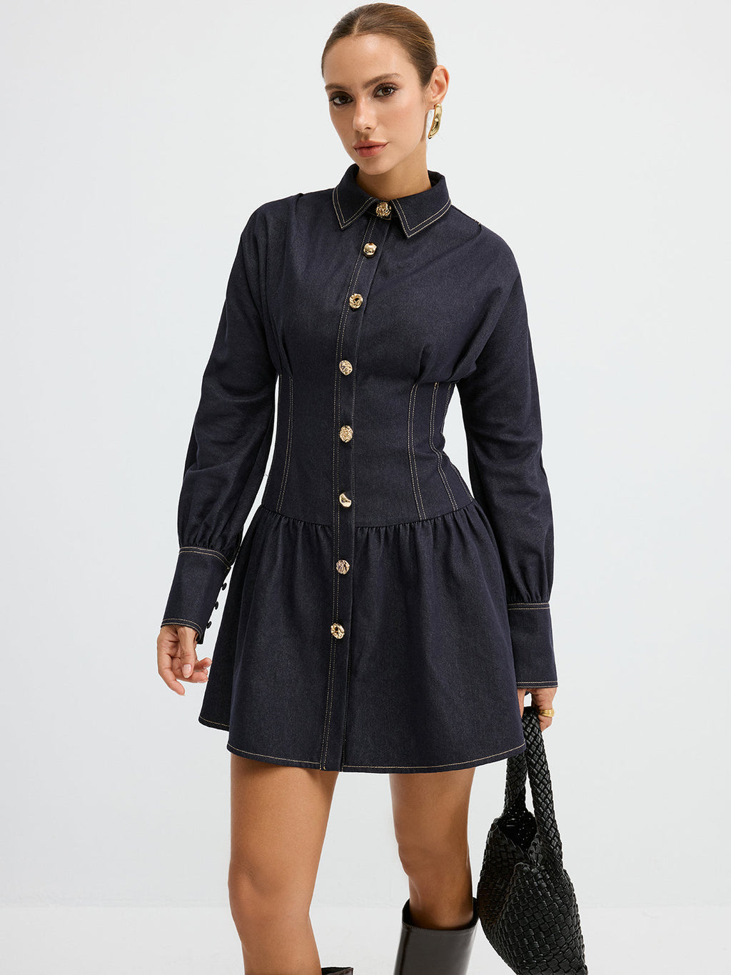Denim Shirt Dress with Metal Button Details