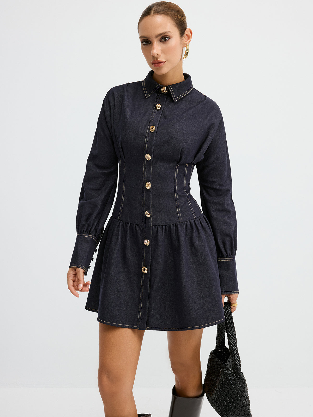 Denim Shirt Dress with Metal Button Details