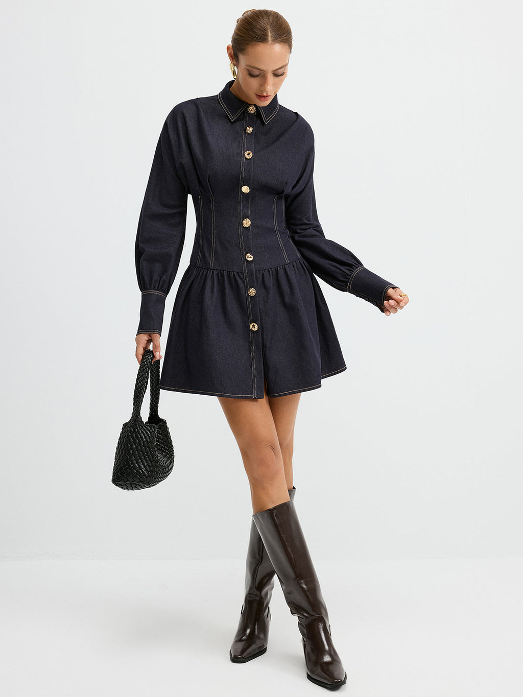 Denim Shirt Dress with Metal Button Details