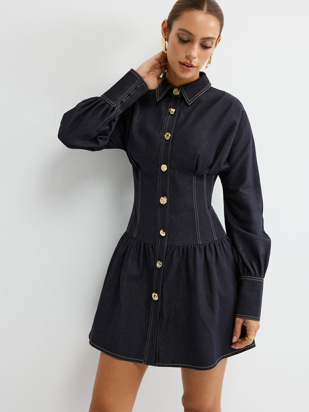 Denim Shirt Dress with Metal Button Details
